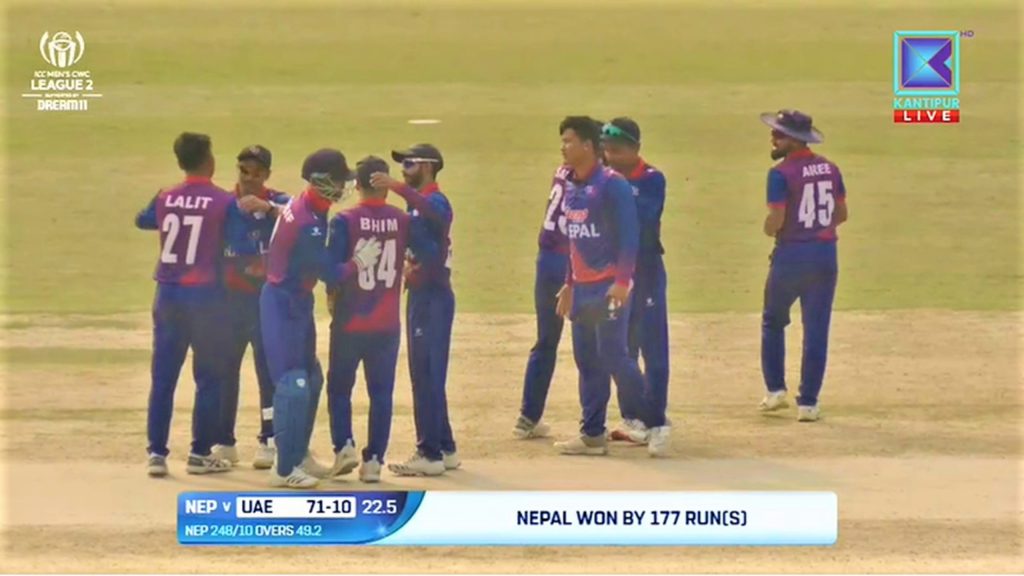 नेपालसंग यूएई १७७ रनले पराजित, जोगियो एकदिवसीय मान्यता