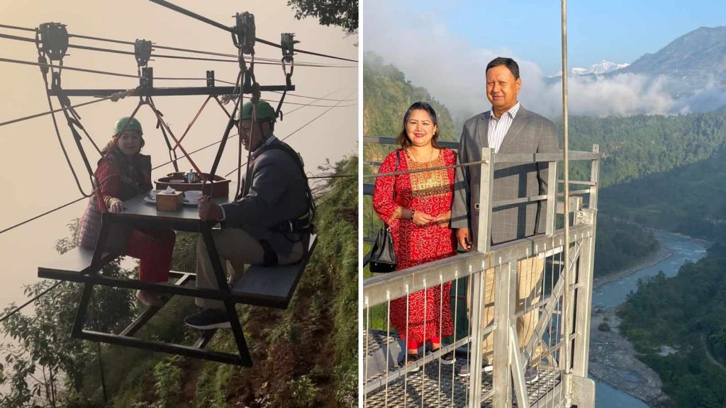 भिरमा झुन्डिएको स्काई क्याफेमा स्वास्थ्य मन्त्री बस्नेतले लिए मनोरञ्जन