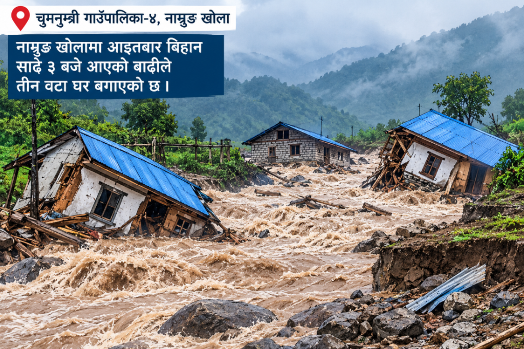 गोरखामा नाम्रुङ खोलाको बाढीले तीन घर बगायो